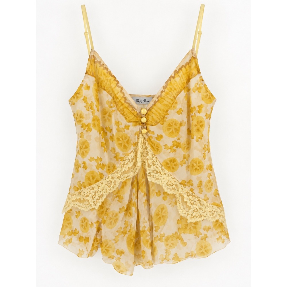 Tracy Reese Cami Top Womens Small Yellow Silk Lace Trim Citrus Print Y2K Vintage